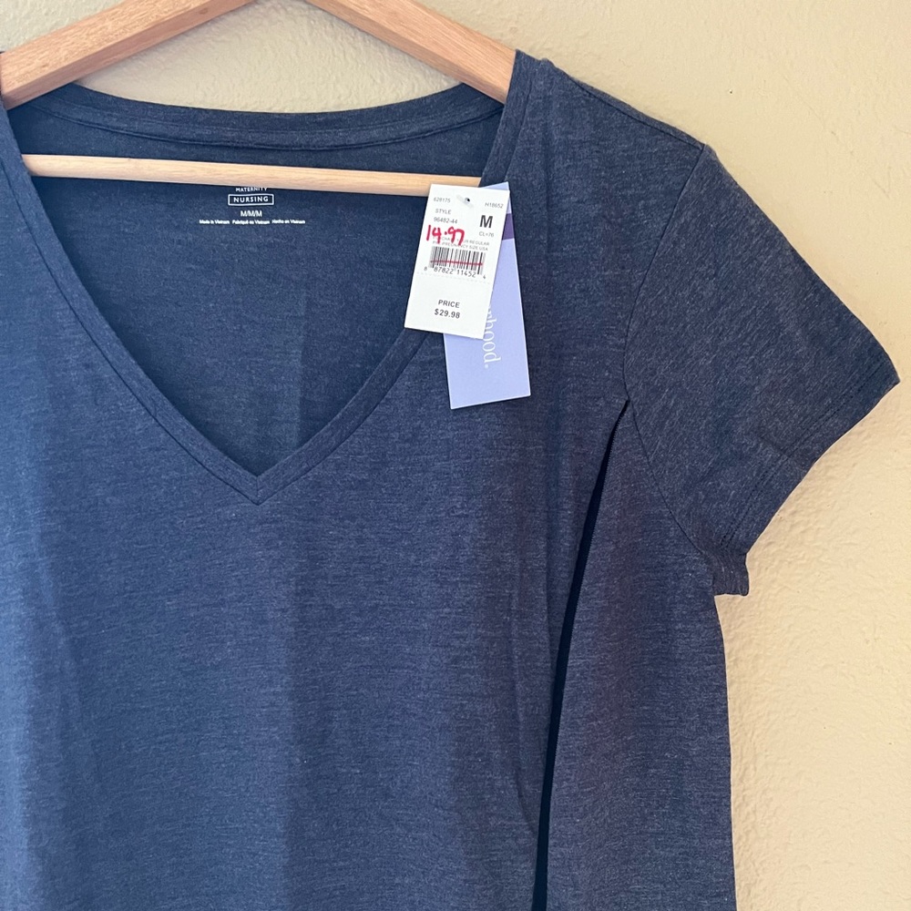 NWT. Motherhood Maternity blue/grey nursing blouse, Medium